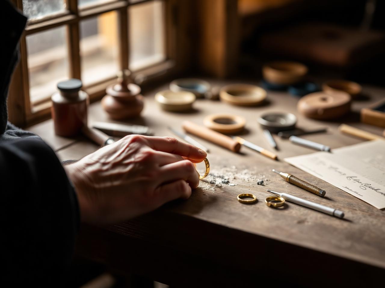 An artisan's hands finishing a gold ring at a wooden workbench