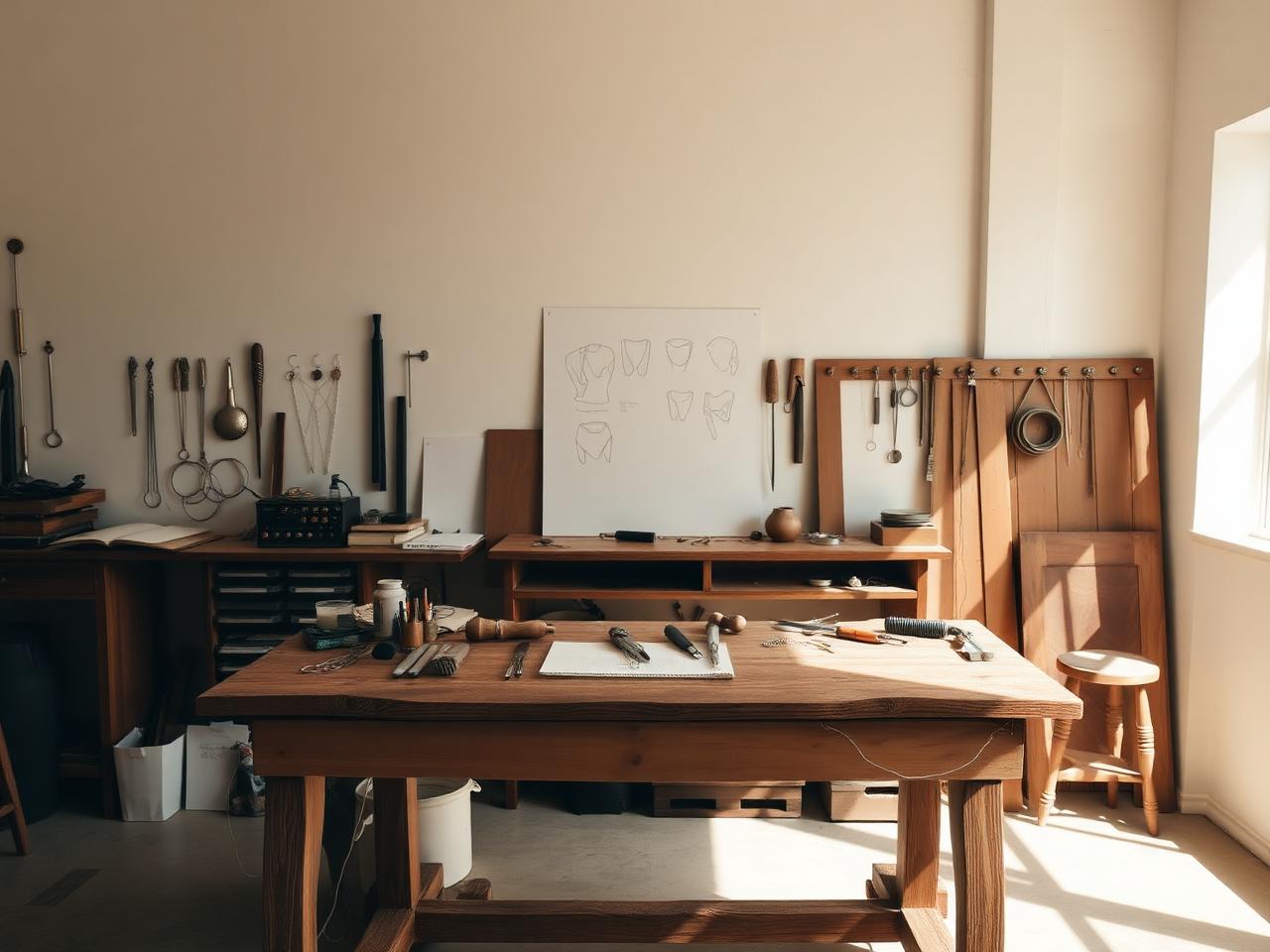 The studio workspace with hand tools, sketches and raw metal on a wooden bench
